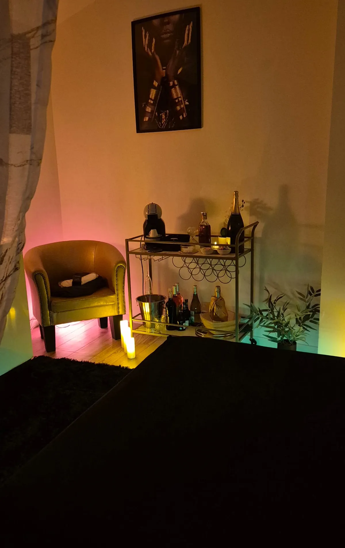 Coin bar avec tableau décoratif et bouteilles