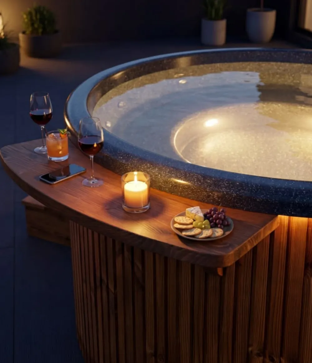 Jacuzzi privé avec champagne, mignardises et bougies pour l'expérience VIP